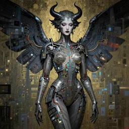 winged cyberpunk demoness trapped in circuitry, intricate detail, miro, royo, whealan, klimt,