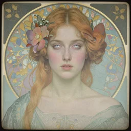 portrait of a beautiful young lady with silver eyes, colored daguerreotype by pontormo, by bosch, by mucha, by Mackintosh, by max ernst, art noveau, liminal, eerie, Bright pastel colors