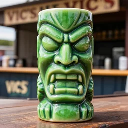 a closeup photorealistic photograph of a glossy hulk style tiki mug sitting at an outdoor trader vic's bar featuring hulk's face. tiki theme. green. bright scene. fine detail. this 4 k hd image is trending on artstation, featured on behance, well - rendered, extra crisp, features intricate detail, epic composition and the style of unreal engine.
