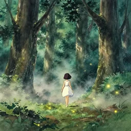 anime, incredible wide screenshot, ultrawide, watercolor, studio ghibli, rough paper texture, ghost in the shell movie scene, girl in a dress walking through the beautiful forest, outdoors, fireflies!!!!, fog, dust