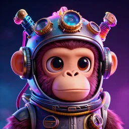 movie poster of a cute ape head with a steampunk space helmet with multicolored glowing tubes and cables, crisp, trippy, fluorescent colors, insanely detailed, 3 d render, front shot, 3 5 mm