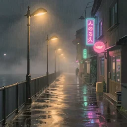a misty boardwalk covered in neon lights, streetlights, rainy aesthetic, puddles, studio ghibli, studio ghibli style, hyper detailed, cel shading, toon shading, shadows,