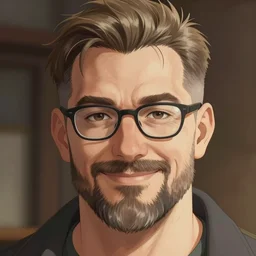 appalachian man, short hair, light brown hair, wisps of gray hair, undercut, whispy beard, glasses, bushy eyebrows, wide neck, smiling, salt and pepper hair, strong nose, hazel eyes, strong brow, strong cheekbones, portrait shinkai makoto key hideaki anno sakimichan stanley artgerm lau rossdraws james jean marc simonetti elegant highly detailed digital painting artstation pixiv