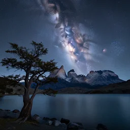 beautiful landscape photography by marc adamus, patagonia, a lake, a tree in the foreground, night, milky way, canon 5 d, ultra wide angle