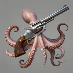 portrait of an octopus wrapped around a nickel plated revolver gun, amazing details