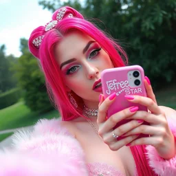 jeffree star 2 0 0 0 s selfie with pink red hair and holding a pink rhinestone phone