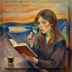 a beautiful reading girl in coffee shop, canvas, oil paint, magnification, cinematic, detailed, artwork by edvard munch