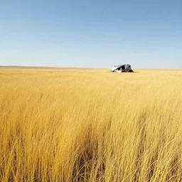 tall yellow grass valley, desert in the distance, crashed spaceship, by charles calvert