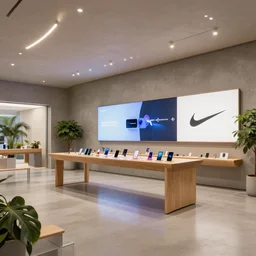 ( 2 0 3 0 s flagship retail interior. experience. telco digital screens phones. wood, polished concrete, neon, ceiling spots. plants. samsung microsoft apple nike adidas tesla muted colors. ) by studio ghibli!!!!!!!!!!!!!!
