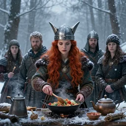 cinematic shot epic portrait an female viking making food during winter forest, blizzardy weather, trees, beautiful flowing red hair, viking helmet, broad light, ambient occlusion, volumetric light effect, made by ivan aivazovsky, peter mohrbacher, greg rutkowski, ross tran, matte painting, trending on artstation, 4 k, perfectly defined features, digital painting, cinematic, epic, highly detailed,