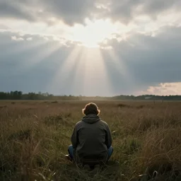 god appearing to a homeless man, god rays, 8 0 0 mm, from back, cloudy sky, marsh field