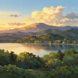 a masterpiece detailed beautiful landscape, trees, lake, mountains, golden hour, sunset, by Makoto Shinkai