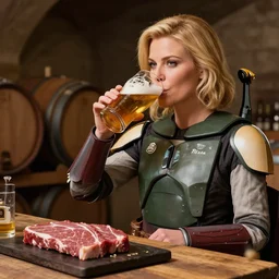 blonde woman and boba fett drinking beer in a wine cellar, masterpiece, meat, pork, schnapps, watercolor by anders zorn and carl larsson