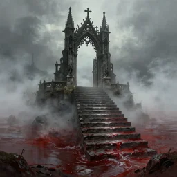 a gorgeous landscape painting of a lonely magnificent gothic gate to the hell on the long stepts, by barlowe wayne, 3 d, octane render, turbulent blood lake, fog, blood on some the steps, 8 k.