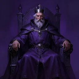 a portrait of an old medieval king on the throne, cyberpunk, dark purple color scheme, grim - lighting, high - contrast, intricate, elegant, highly detailed, digital painting, artstation, concept art, smooth, sharp focus, illustration
