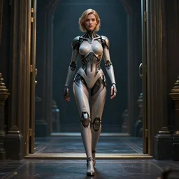 hyperrealistic beautiful cinematic female cyborg walking through a portal, stunning 3 d render inspired by istvan sandorfi & greg rutkowski, perfect symmetry, dim volumetric cinematic lighting, 8 k octane comprehensive render, extremely mega hyper - detailed and lifelike attributes & atmosphere, intricate, realistic flesh texture, masterpiece, artstation, stunning,