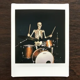 skeleton drummer, wild, flash polaroid photo,