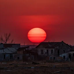 photo of abandoned town, red sky, glowing red sun, concept art
