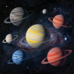 A beautiful painting of five planets by Gioele Muscolino and, There are only five planets that are black, white, yellow, red, and blue, behind the galaxy and the universe, Trending on artstation, starry sky