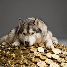 fat husky resting atop a horde of golden coins, fantasy concept art by rj palmer