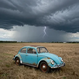 a lonely rusty cyan VW Beetle in a vacant field, wide angle, thunderstorm, panorama, detailed by Scott Listfield and Simon Stalenhag