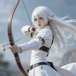 renaissance art elf girl with white skin, longbow in hand, hair blowing the wind, trending artistic art, soft anime, dynamic photography, fate zero, realistic face, extremely high detailed, bokeh background, studio ghibly makoto shinkai yuji yamaguchi, wlop, genshin