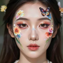 fantasy very beautiful woman face art make - up with painted flowers and butterflies and something else. professional detailed close - up photo 1 7 mm focus and bokeh
