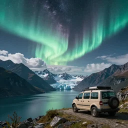 An epic fantasy style landscape painting of a Mountainrange and a lake, with a starry sky and milkyway and breathtaking aurora and a beige Volkswagen Caddy Campervan 4x4, a glacier can be seen in the distance, unreal 5, DAZ, hyperrealistic, octane render, volumetric clouds dynamic lighting