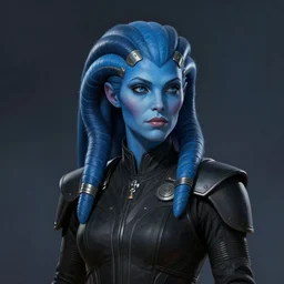 portrait of a female Twi'lek by Greg Rutkowski, blue skin, she is about 30 years old, wearing black sith uniform, Star Wars Expanded Universe, highly detailed portrait, digital painting, artstation, concept art, smooth, sharp foccus ilustration, Artstation HQ