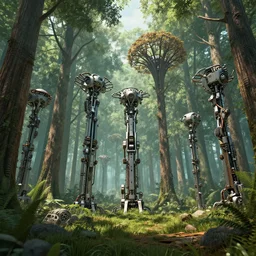 a forest of mechanical trees, 8 k, unreal engine, trending on artstation,