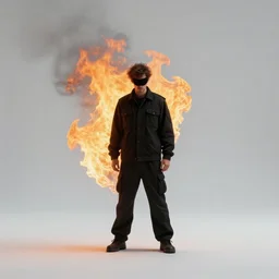 a photo of a man dressed in black set on fire in the middle of the george floyd riots, dark, blue, red, white, cinematic lighting, intricate, grim, digital art, trending on artstation