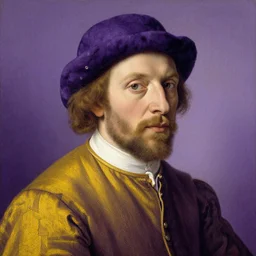 A portrait of Barney by Jan Van Eyck, purple and yellow color palette
