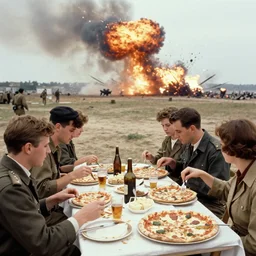 vintage photo of a pizza party on omaha beach in normandy with explosions and battle in the background