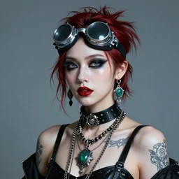 a cybergoth woman wearing goggles and eccentric jewelry by jamie hewlett