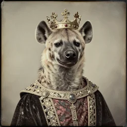 professional studio photo portrait of anthro anthropomorphic spotted hyena head animal person fursona smug smiling wearing crown diadem elaborate pompous royal king robes clothes degraded medium by Louis Daguerre daguerreotype tintype