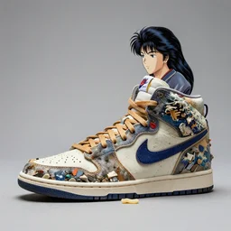 nike high top sneakers concept shot, made from chewing gum and garbage, style of hokusai and akira toriyama