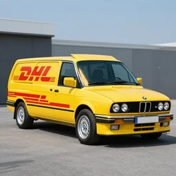 A commercial van designed and produced by BMW, with 1988 M3 E30 design elements, DHL livery promotional photo