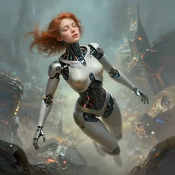 detailed, sharp, portrait a dreaming humanoid female automata floating above a dystopia by James Gurney, by Greg Rutkowski, digital art, surreal, trending on artstation, HD, 8K, highly detailed, good lighting. beautiful. epic.