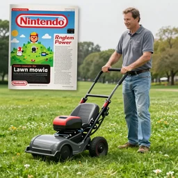 bill, murray presents : competitive lawn mowing, the video game nintendo power, magazine advertisement, magazine publication, advert 1 9 9 8, video game
