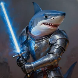 greg manchess oil matte portrait painting, anthropomorphic shark wearing knight armor, holding a lightsaber, fantasy, masterpiece, highly detailed, scifi, deep focus, elegant, digital painting, street art, trending artstation, sharp focus, shading, dramatic illumination, ultra realistic, 4 k, art by greg rutkowski wlop rossdraws