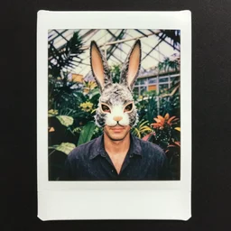 grainy head to shoulder portrait Polaroid film photograph of a 1950's man wearing a rabbit mask in a tropical greenhouse. looking at the camera!!. super resolution. Extremely detailed. Polaroid 600 film. by Annie Leibovitz and Richard Avedon