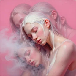 3 d, close - up, liquid white oil, sleepy drunk fashion model, light fog, smoke, poster art, high detail, intricate oil painting, multiple exposure, deep pink color palette, hyperrealism, 3 d, by tooth wu and wlop and beeple and greg rutkowski