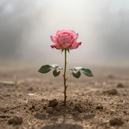 lonely rose growing on dry soil, divine caring for the rose, fantasy world, ethereal back light, mist, coherent composition, detailed fantasy 3 5 mm photography
