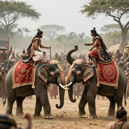 a ultra high resolution of the elephant duel of beautiful young warlords who fight on the back of their decorative war elephants in crowd of battlefield, high quality realistic, a colorized photo, colorized, # film, movie still