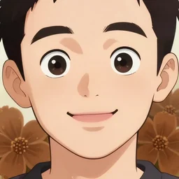 medium shot of a white young man with a big smile, prominent big eyes, round portruding chin, plump lips, brown flowers, standout colours, sharp, highly detailed, simple lines, digital painting, artstation, concept art, matte, sharp focus, illustration, anime moe artstyle
