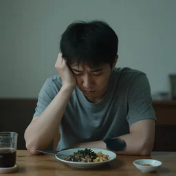 3 0 years old male eating alone, lonely, sad, sadness