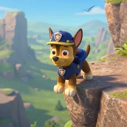 paw patrol dog, as nendoroid hanging on the edge of a cliff, rocks, mountains, birds eye view, in the croods movie style, anime, disney, pixar, 8 k, hd, kodak film, volumetric lighting, subsurface scattering, photorealistic, octane render, details, xgen fur