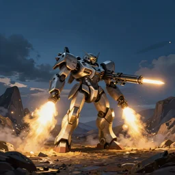 armored core v by liam wong, booster flares, laser rifle, smoke, little sparks, karst landscape, outdoor, dark blue sky, clouds, wilderness ground, golden time, twilight ; wide shot, digital painting, cinematic contrast, dynamic backlighting, sharp edge, motion blur, photoreal