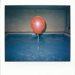 a red helium balloon floating above an indoor pool from the 1 9 8 0's florida with no windows or people inside, old polaroid, expired film