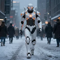 white mecha armor Bladerunner 2049 still tall white armor walks through snowy street intimidating glowing orange emissives snowy evening moody dark lighting numerous people on the street